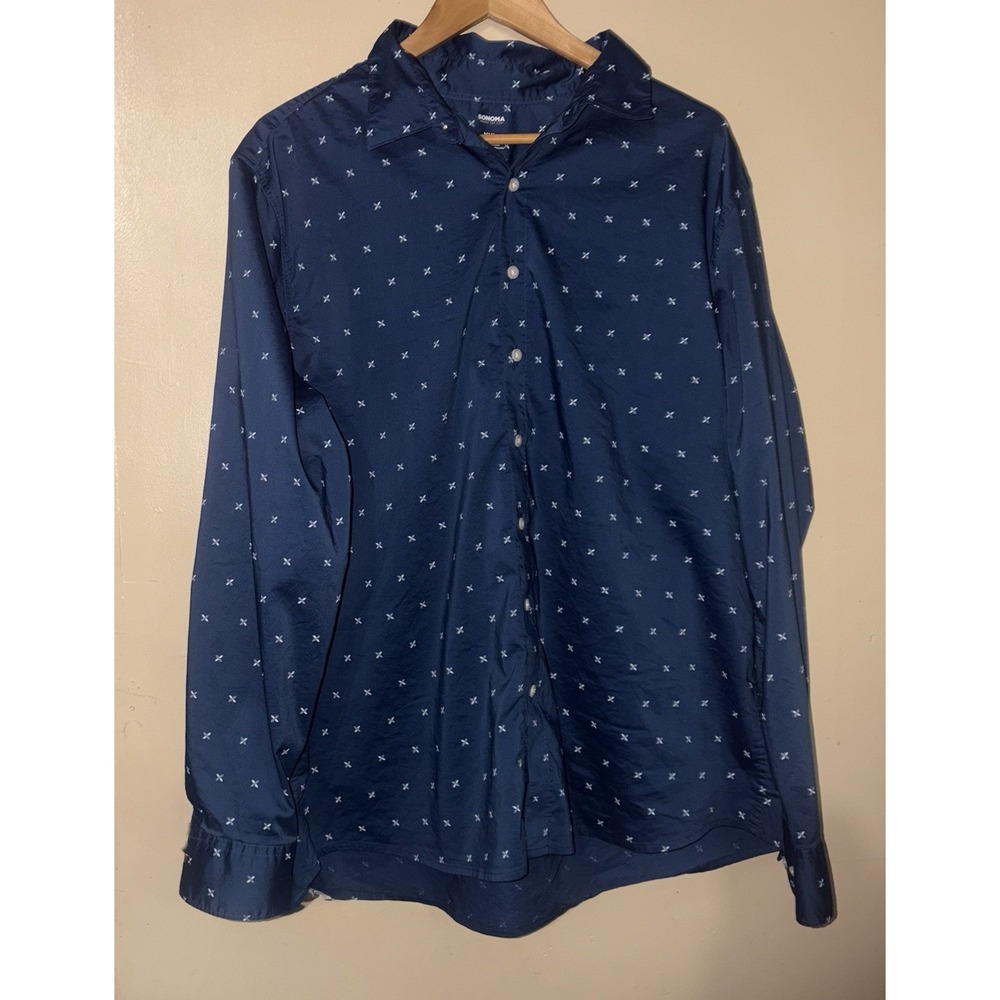 Mens SONOMA collared button down casual  shirt XXL 2XL Blue With White Pattern